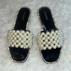 Pearl Embellished Slide Sandals | Rhinestone Trim | Glam Flats | Size 8